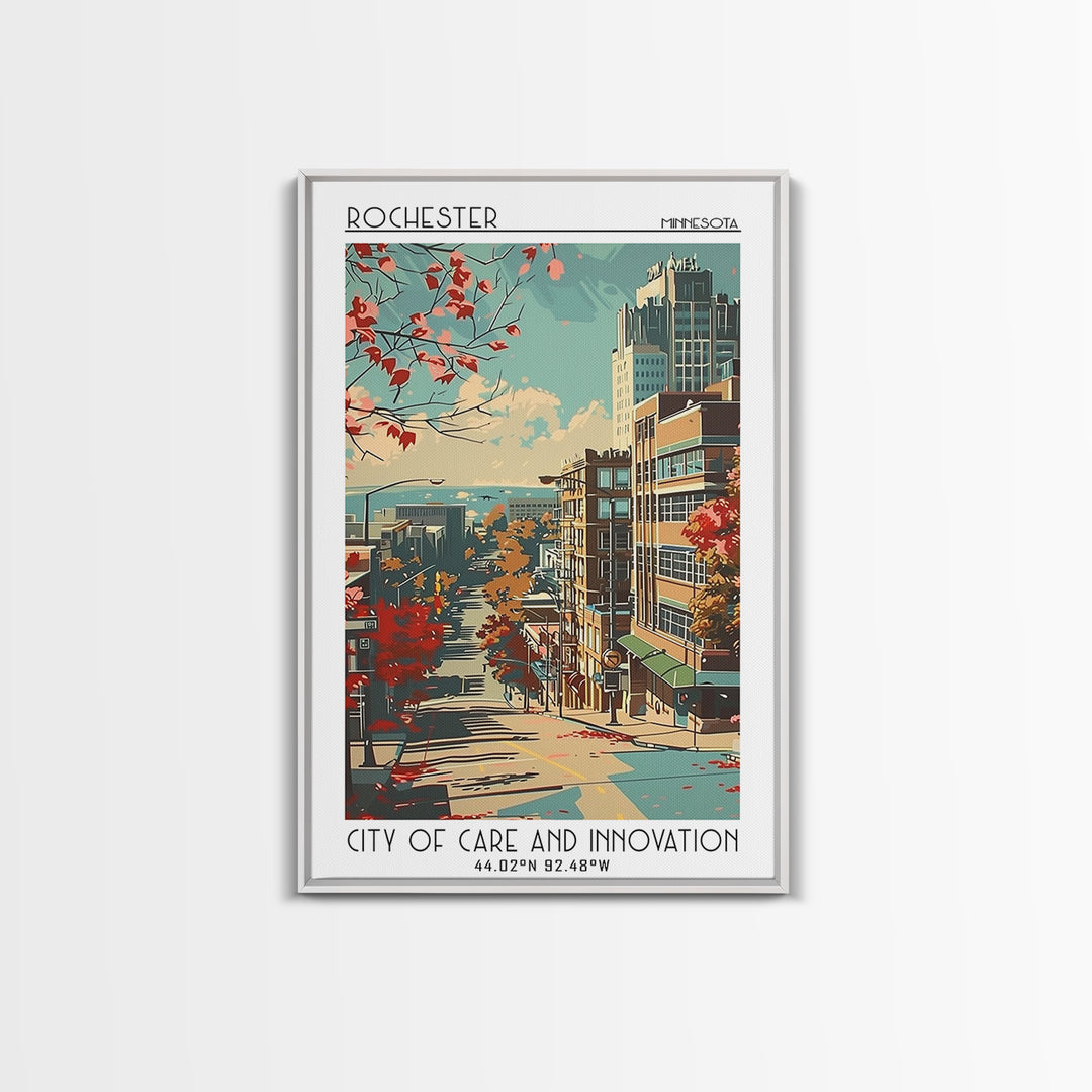Rochester Minnesota Travel Poster, Framed Canvas Print, Retro Wall Art, Travel Print, Mid Century Wall Art, Fine Art Print, Wall Art