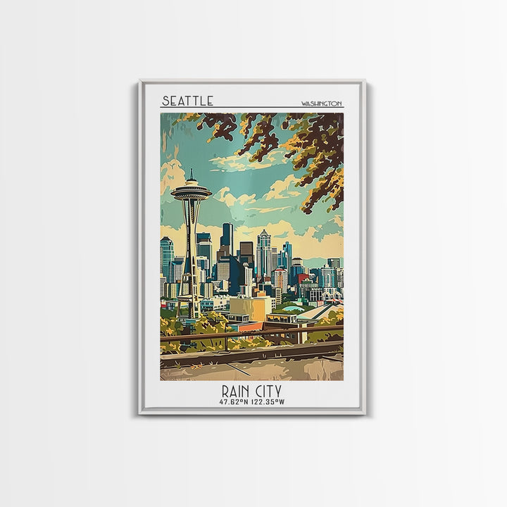 Seattle Washington Travel Poster, Canvas Print, City Travel Poster, Travel Wall Art, Retro Wall Art, Colorful Wall Art, Travel Decor