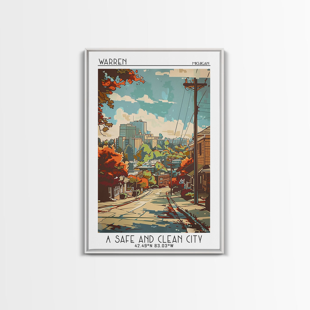 Warren Michigan Travel Poster, Framed Canvas Print, Vintage Travel Print, City Wall Art, Poster Print, Retro Travel Poster, Wall Art