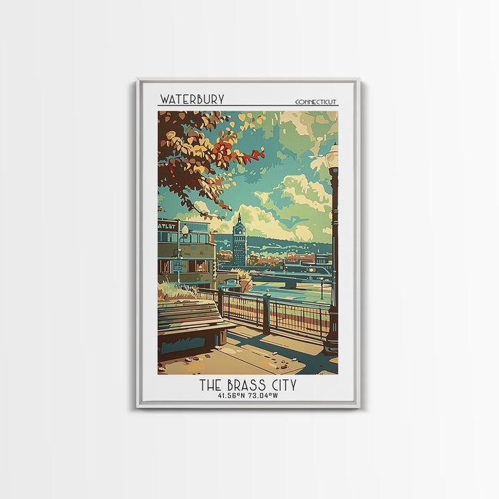 Waterbury Travel Poster, Framed Canvas Print, City Art Print, Travel Wall Art, Travel Art Print, Watercolor Cityscape, Landscape Art