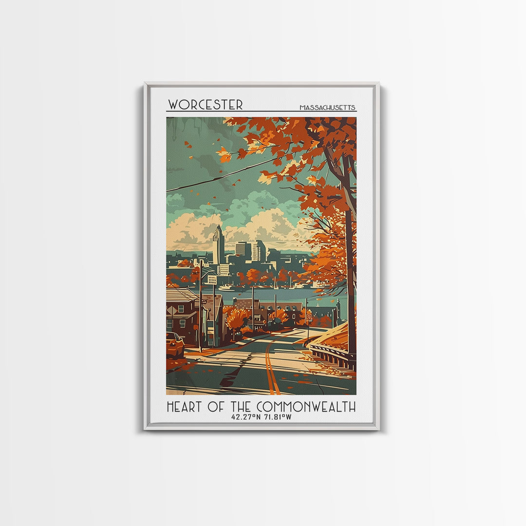 Worcester Massachusetts Travel Poster, Framed Canvas Print, Travel Prints, Landscape Art, Watercolor Cityscape, Mid Century Wall Art
