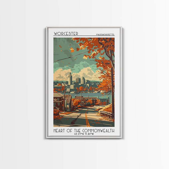 Worcester Massachusetts Travel Poster, Framed Canvas Print, Travel Prints, Landscape Art, Watercolor Cityscape, Mid Century Wall Art