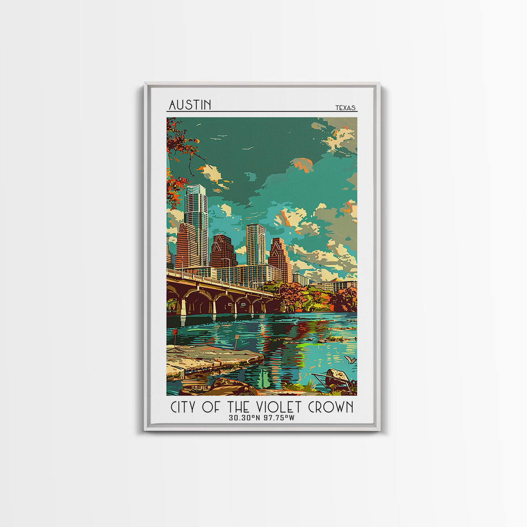 Austin Travel Poster, Framed Canvas Print, Travel Prints, Landscape Art, Travel Art Print, Home Office Decor, Wall Art, Travel Decor