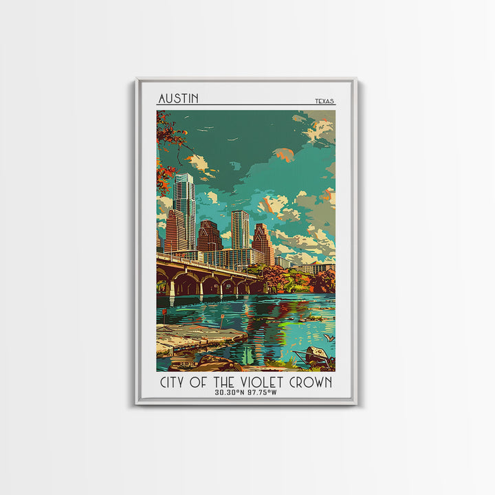 Austin Travel Poster, Framed Canvas Print, Travel Prints, Landscape Art, Travel Art Print, Home Office Decor, Wall Art, Travel Decor