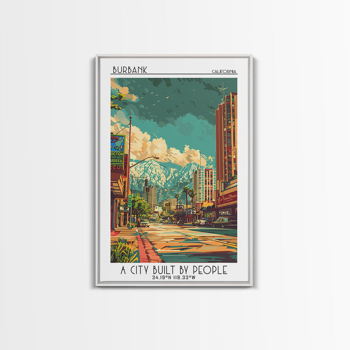 Burbank Travel Poster, Canvas Print, Retro Wall Art, Travel Print, Colorful Wall Art, City Illustration, Poster Print, Travel Prints