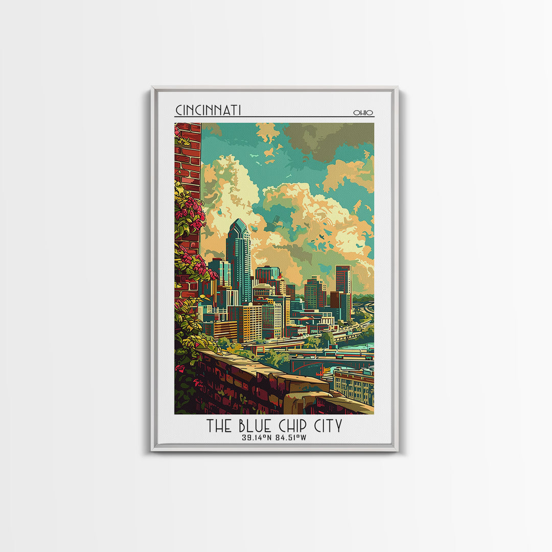 Cincinnati Travel Poster, Canvas Print, Retro Travel Poster, City Wall Art, Mid Century Wall Art, Travel Print, Watercolor Cityscape