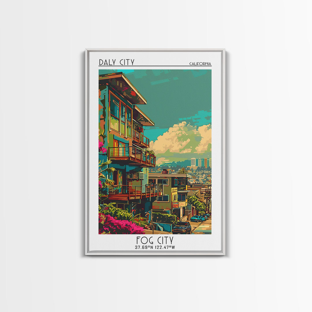 Daly City Travel Poster, Framed Canvas Print, Retro Wall Art, Travel Print, Living Room Wall Art, Vintage Travel, City Travel Poster