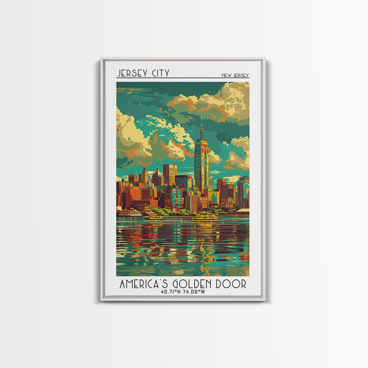 Jersey City Travel Poster, Framed Canvas Print, Retro Wall Art, Travel Print, Vintage Posters, Gallery Wall Set, Vintage City Poster