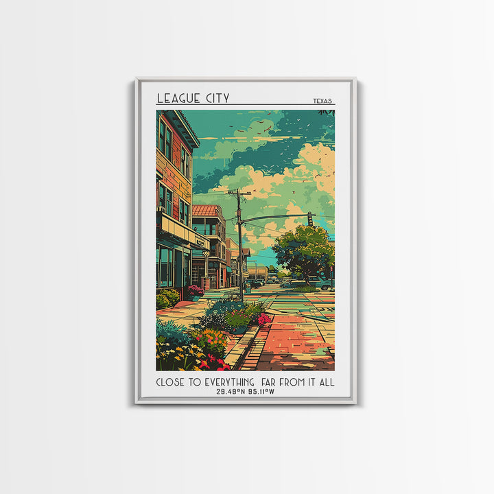 League City Travel Poster, Framed Canvas Print, City Art Print, Travel Wall Art, Landscape Art, Colorful Wall Art, City Illustration