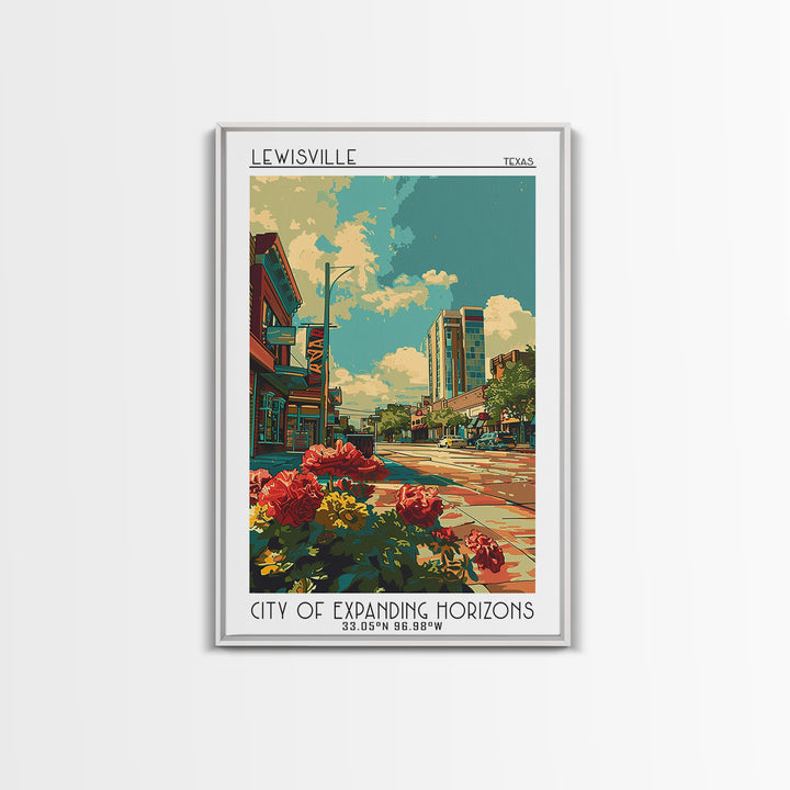 Lewisville Travel Poster, Framed Canvas Print, Travel Prints, Landscape Art, Retro Travel Poster, Poster Print, Watercolor Cityscape