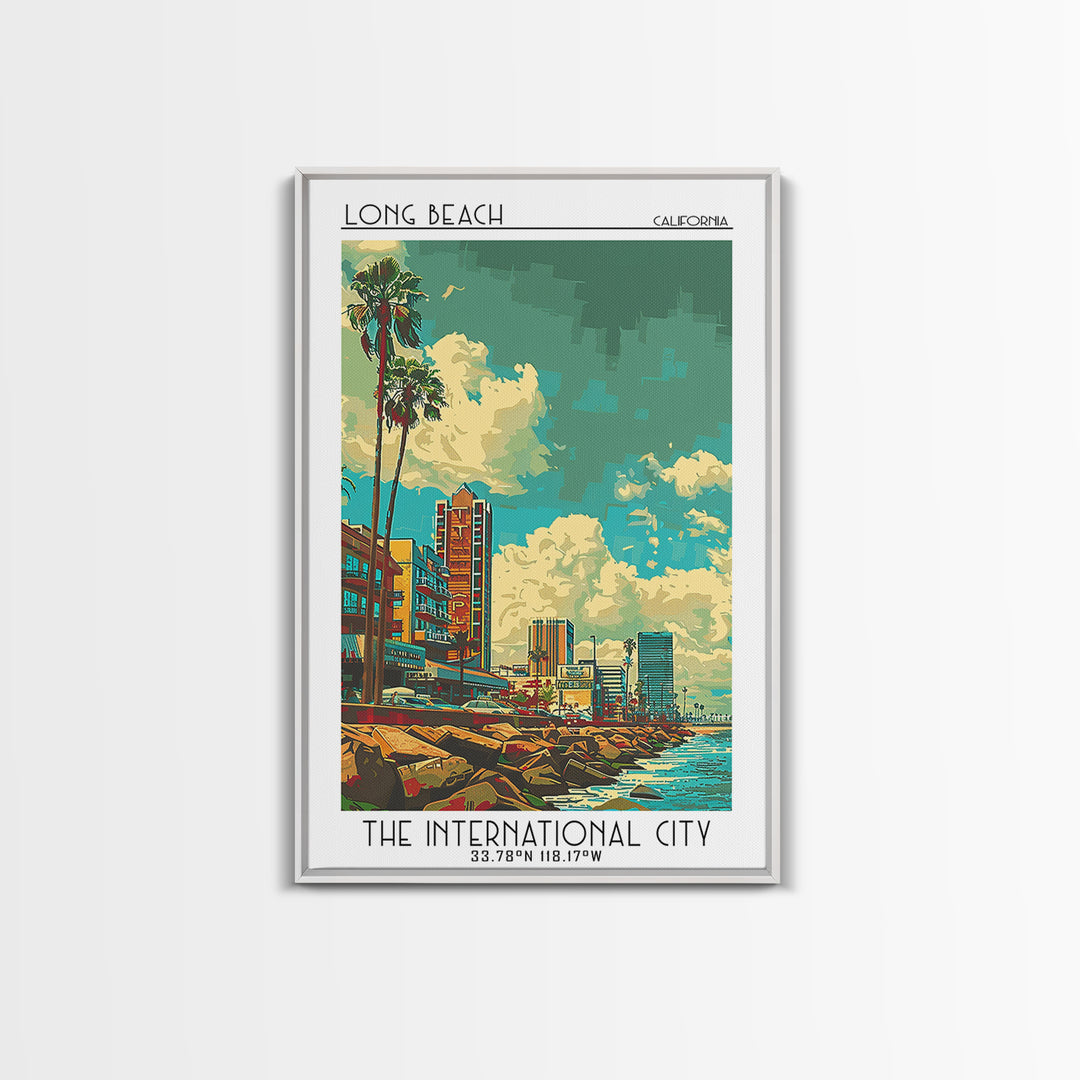 Long Beach Travel Poster, Framed Canvas Print, Travel Wall Art, City Wall Art, City Art Print, Vintage Posters, Mid Century Wall Art