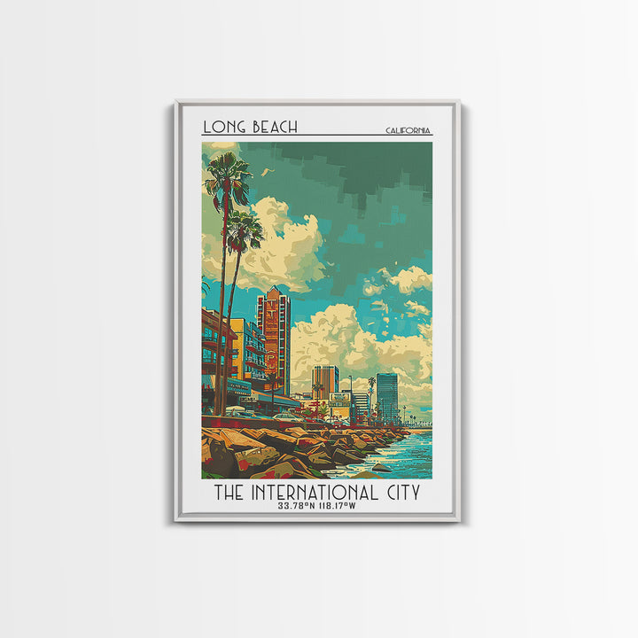 Long Beach Travel Poster, Framed Canvas Print, Travel Wall Art, City Wall Art, City Art Print, Vintage Posters, Mid Century Wall Art