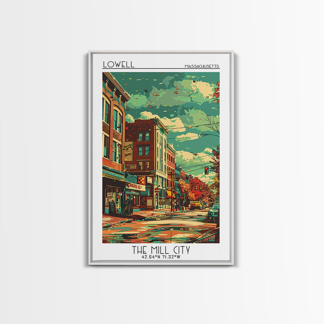 Lowell Travel Poster, Framed Canvas Print, Travel Art Print, Modern Wall Decor, Wall Art, Art Print, Travel Decor, Home Office Decor