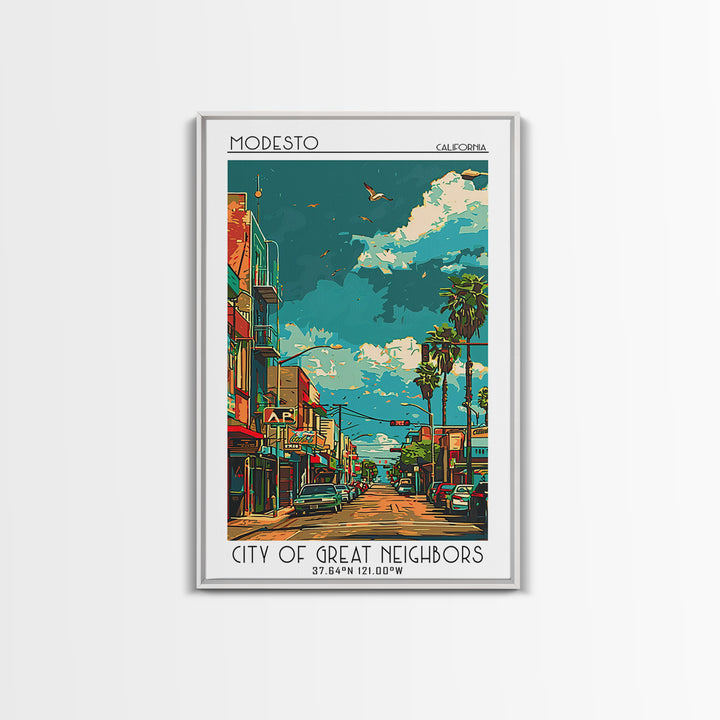 Modesto Travel Poster, Canvas Print, Travel Wall Art, City Wall Art, City Illustration, Travel Print, Vintage Poster, City Art Print