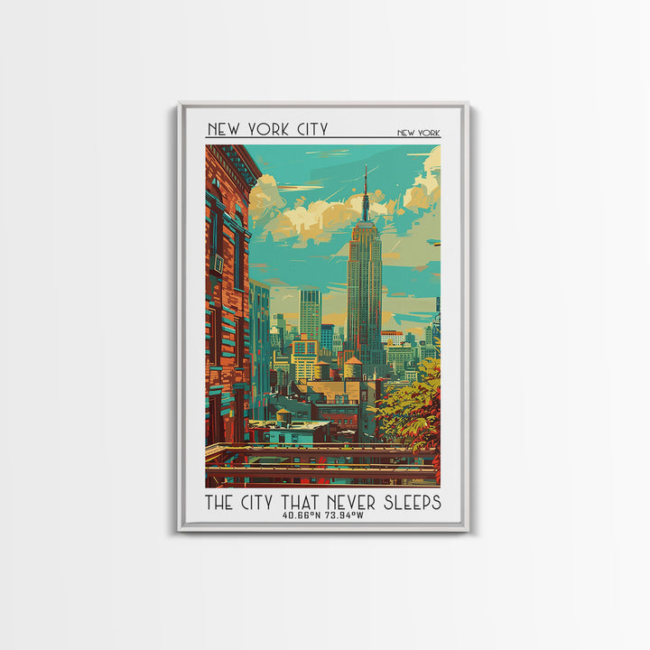 New York Travel Poster, Framed Canvas Print, Travel Wall Art, City Wall Art, Retro Wall Art, Mid Century Wall Art, Colorful Wall Art