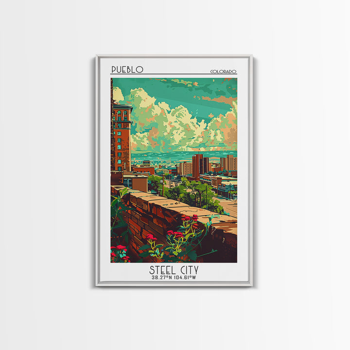 Pueblo Travel Poster, Framed Canvas Print, Retro Wall Art, Travel Print, Home Decor, Watercolor Cityscape, Wall Art, Wanderlust Gift