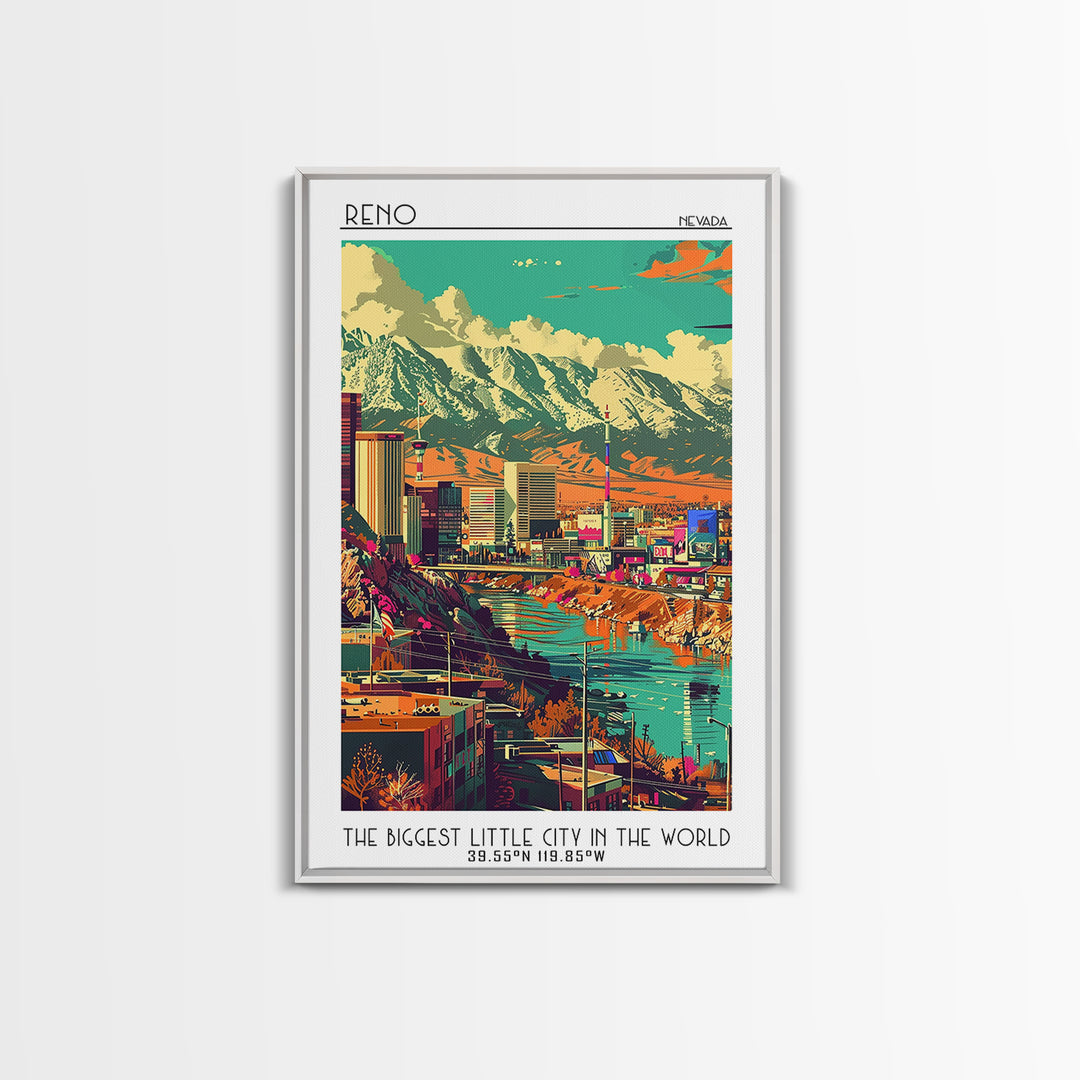 Reno Travel Poster, Framed Canvas Print, Travel Wall Art, City Wall Art, Wall Art, Art Print, Retro Travel Poster, Home Office Decor