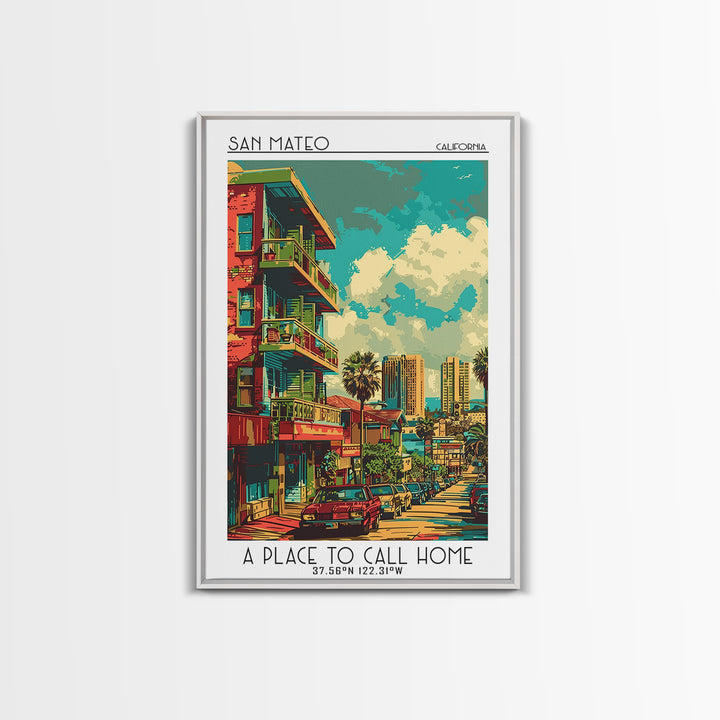 San Mateo Travel Poster, Framed Canvas Print, Retro Travel Poster, City Wall Art, Travel Art Print, Minimalist Poster, Landscape Art