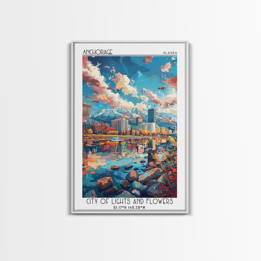 Anchorage Travel Poster, Framed Canvas Print, Retro Travel Poster, City Wall Art, Wanderlust Gift, City Illustration, Vintage Travel