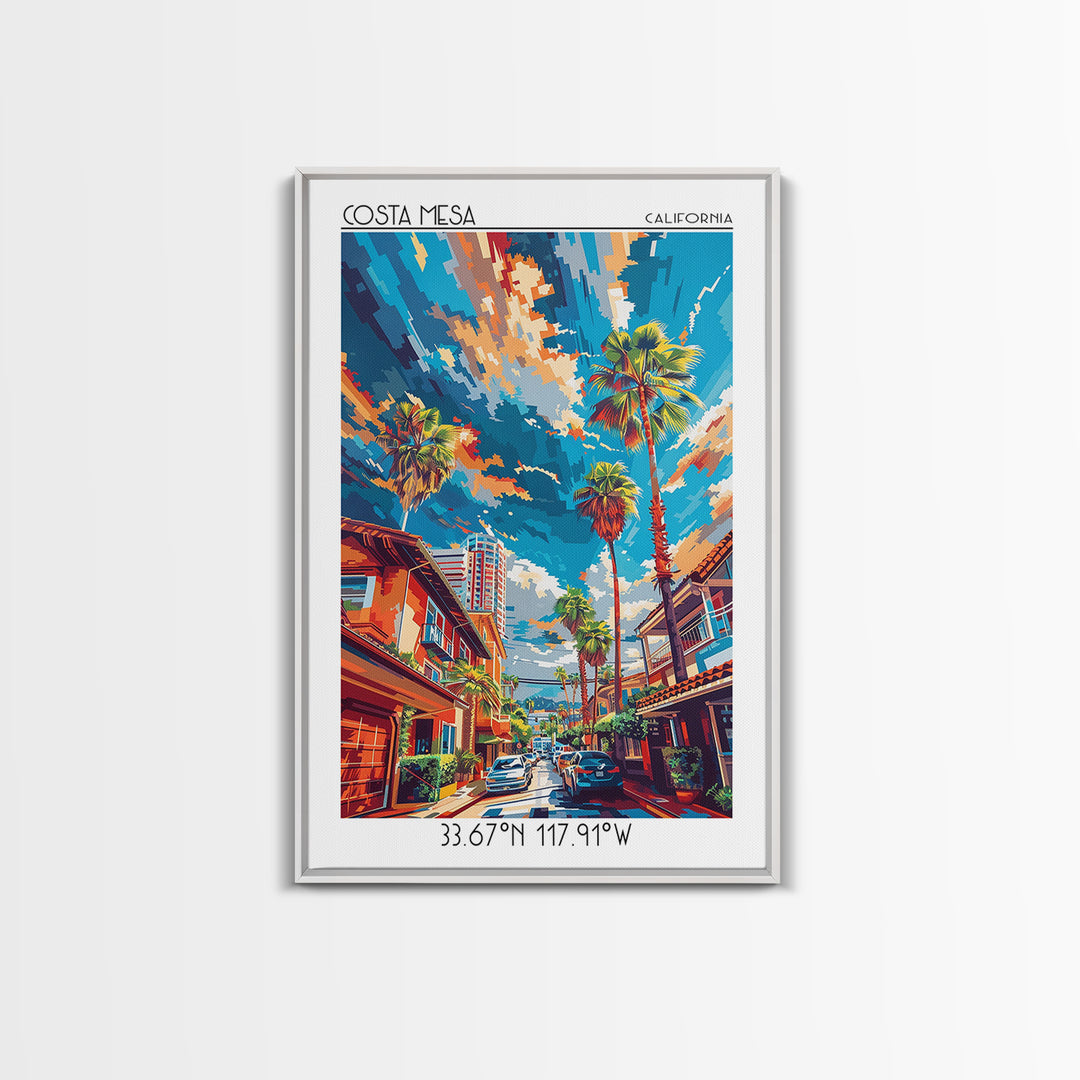 Costa Mesa Travel Poster, Framed Canvas Print, City Travel Poster, Vintage City Poster, Wall Art, City Illustration, Wanderlust Gift