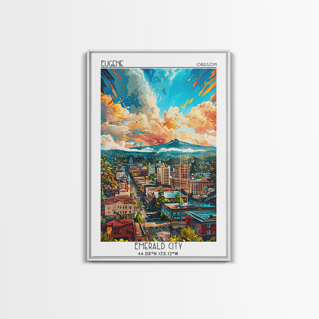 Eugene Travel Poster, Framed Canvas Print, Retro Travel Poster, City Wall Art, Wanderlust Gift, Vintage Travel Print, Fine Art Print