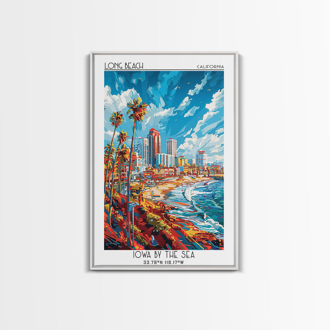 Long Beach Travel Poster, Framed Canvas Print, Travel Prints, Landscape Art, Watercolor Cityscape, Retro Wall Art, Colorful Wall Art