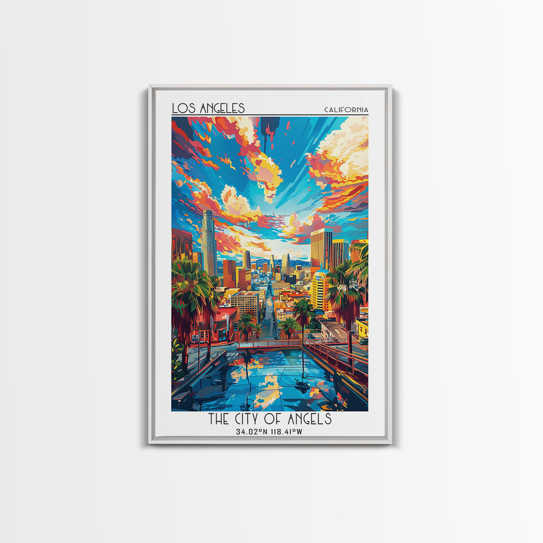 Los Angeles Travel Poster, Framed Canvas Print, Travel Prints, Landscape Art, Travel Wall Decor, Retro Wall Art, Retro Travel Poster