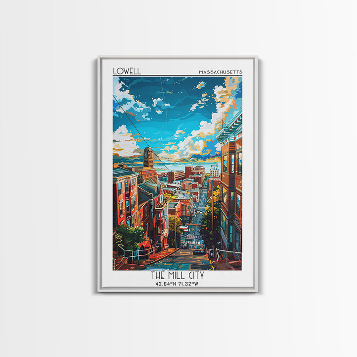 Lowell Travel Poster, Framed Canvas Print, City Travel Poster, Travel Wall Art, Watercolor Cityscape, Home Decor, Retro Travel Print
