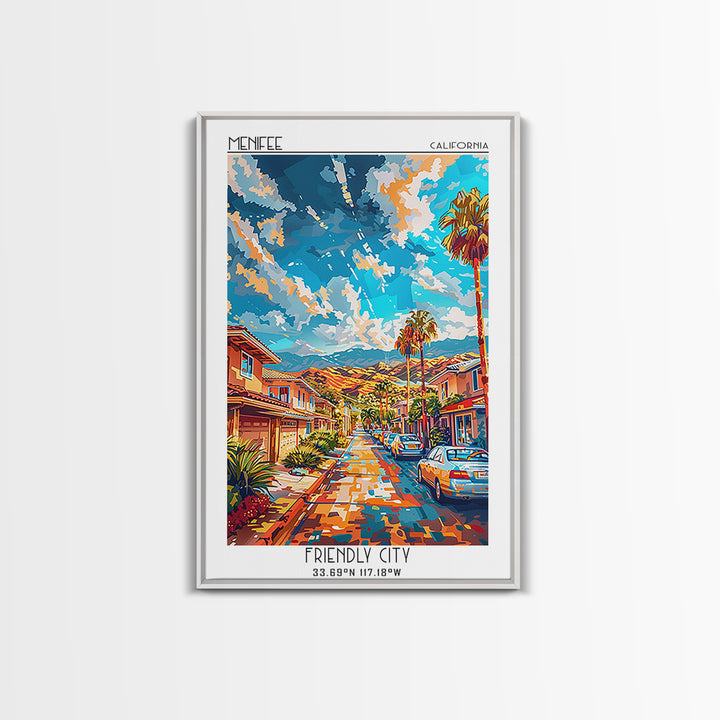 Menifee Travel Poster, Framed Canvas Print, Retro Travel Poster, City Wall Art, Living Room Wall Art, Retro Wall Art, Vintage Poster