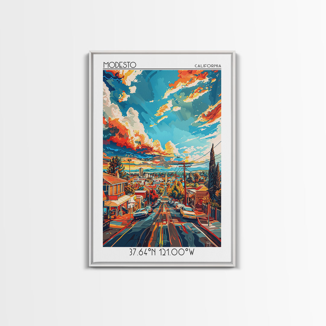 Modesto Travel Poster, Framed Canvas Print, Retro Wall Art, Travel Print, Vintage Travel, Travel Wall Art, Poster Art, City Wall Art