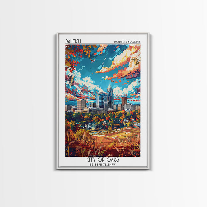Raleigh Travel Poster, Framed Canvas Print, Travel Prints, Landscape Art, City Travel Poster, Gallery Wall Set, Mid Century Wall Art