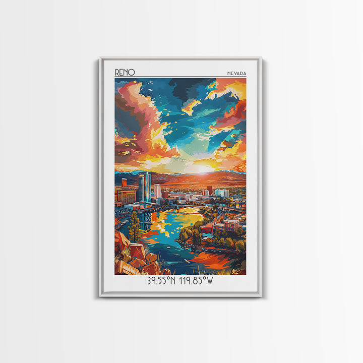 Reno Travel Poster, Framed Canvas Print, City Travel Poster, Travel Wall Art, City Illustration, Vintage City Poster, Retro Wall Art