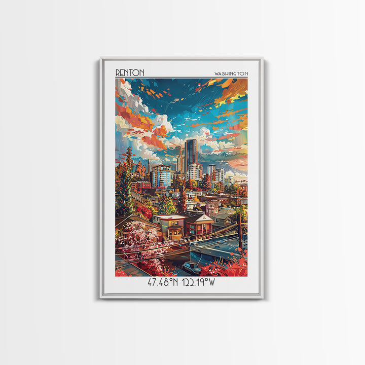 Renton Travel Poster, Canvas Print, Poster Print, Travel Wall Art, Wanderlust Gift, City Illustration, Vintage Poster, Travel Prints
