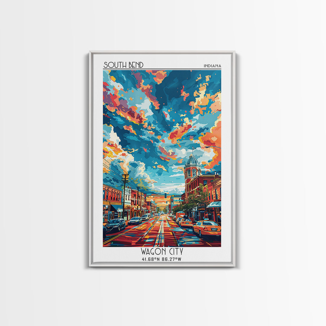 South Bend Travel Poster, Framed Canvas Print, Travel Wall Art, City Wall Art, City Art Print, City Travel Poster, Colorful Wall Art