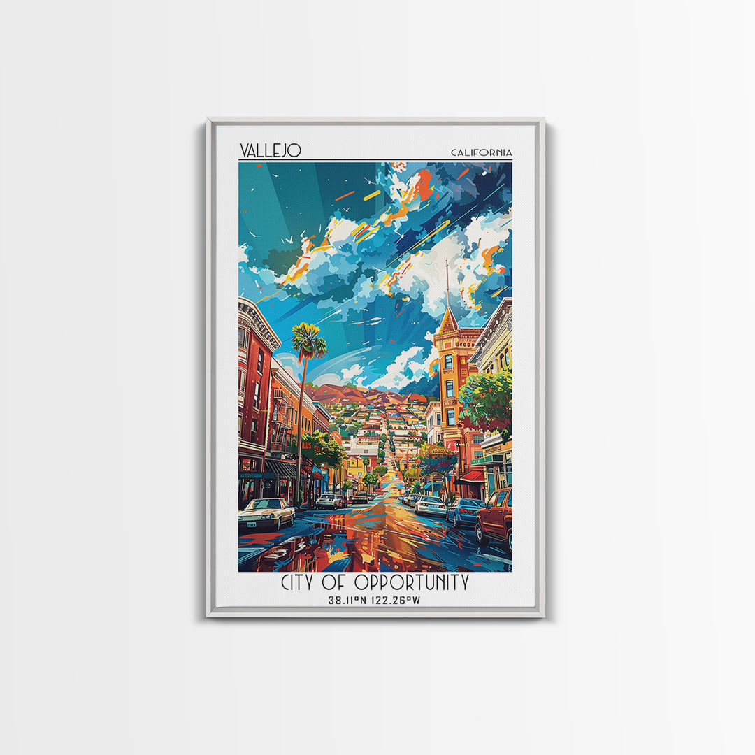 Vallejo Travel Poster, Framed Canvas Print, Retro Wall Art, Travel Print, Home Office Decor, Living Room Wall Art, Minimalist Poster