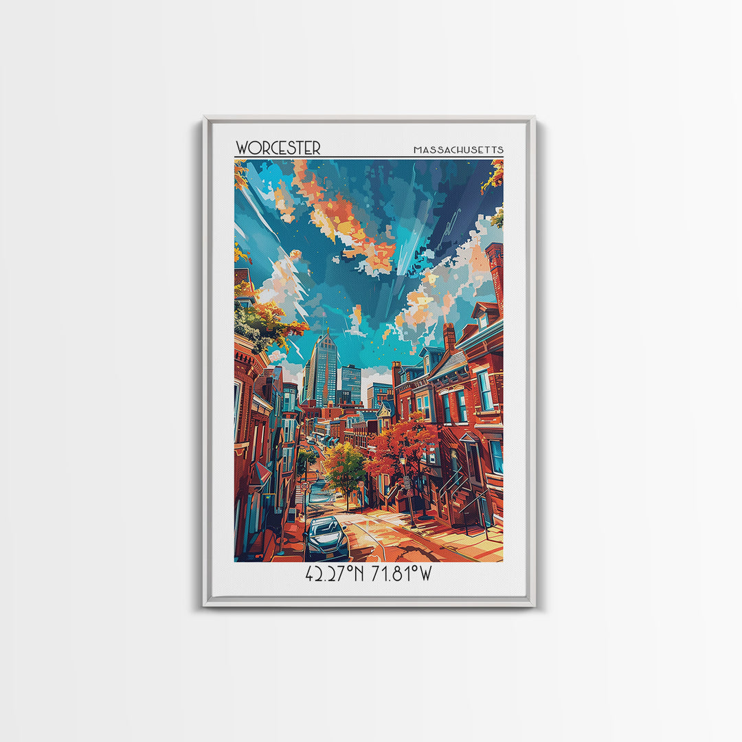 Worcester Travel Poster, Framed Canvas Print, Travel Wall Art, City Wall Art, Vintage Poster, City Illustration, Vintage City Poster