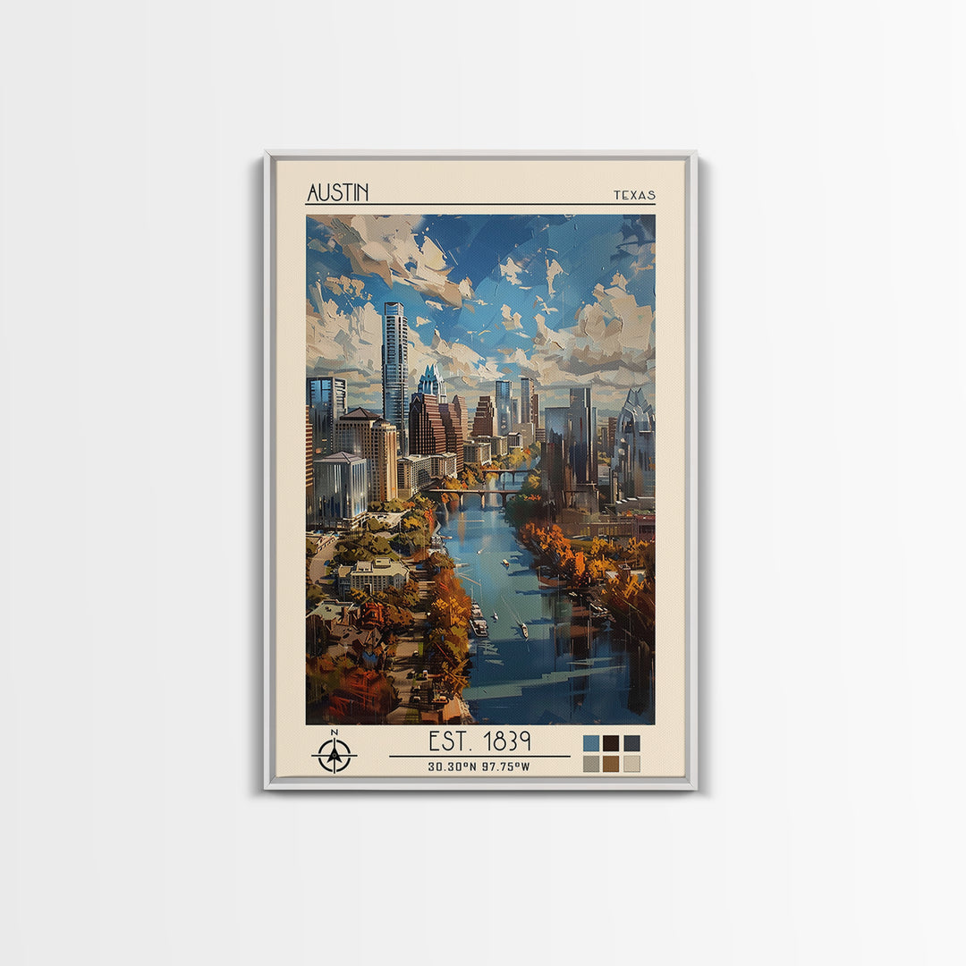 Austin Travel Poster, Framed Canvas Print, City Travel Poster, Travel Wall Art, Wanderlust Gift, Travel Art Print, City Illustration