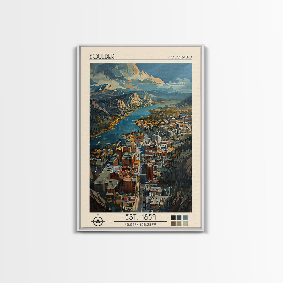 Boulder Travel Poster, Framed Canvas Print, City Travel Poster, Travel Wall Art, Colorful Wall Art, City Illustration, Landscape Art