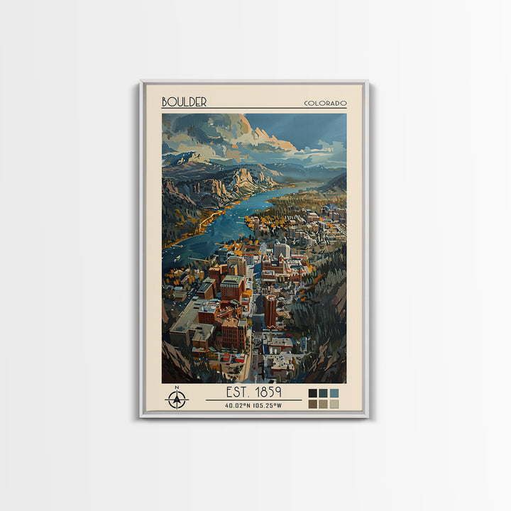 Boulder Travel Poster, Framed Canvas Print, City Travel Poster, Travel Wall Art, Colorful Wall Art, City Illustration, Landscape Art