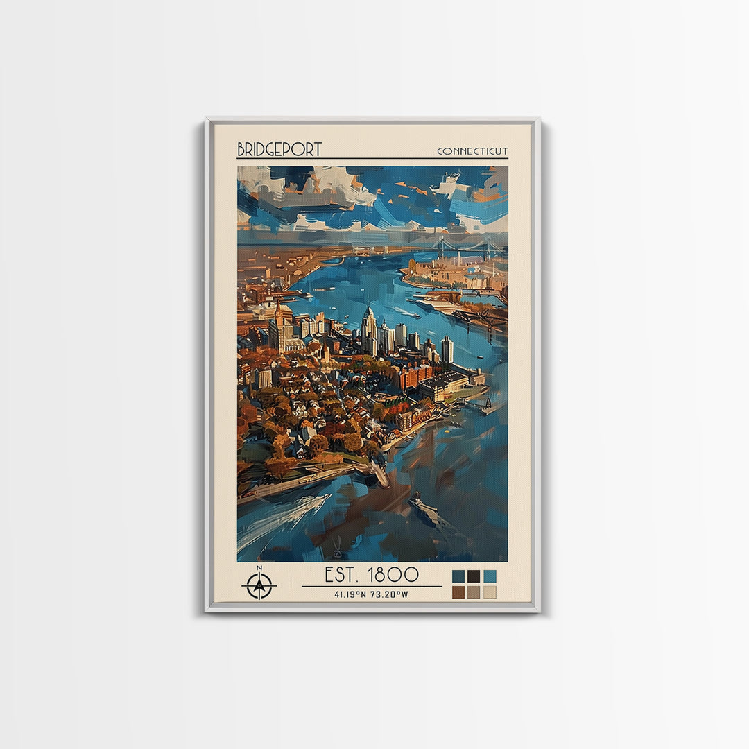 Bridgeport Travel Poster, Canvas Print, Retro Travel Poster, City Wall Art, Travel Wall Art, Colorful Wall Art, Watercolor Cityscape