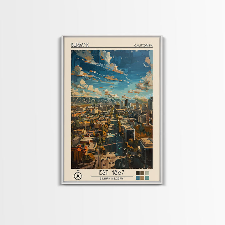 Burbank Travel Poster, Canvas Print, City Travel Poster, Travel Wall Decor, Living Room Wall Art, Travel Wall Art, Colorful Wall Art