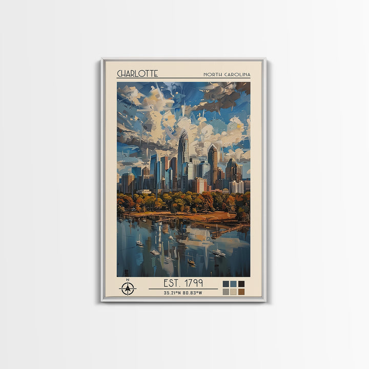 Charlotte Travel Poster, Framed Canvas Print, Travel Art Print, Modern Wall Decor, Wanderlust Gift, Watercolor Cityscape, Poster Art