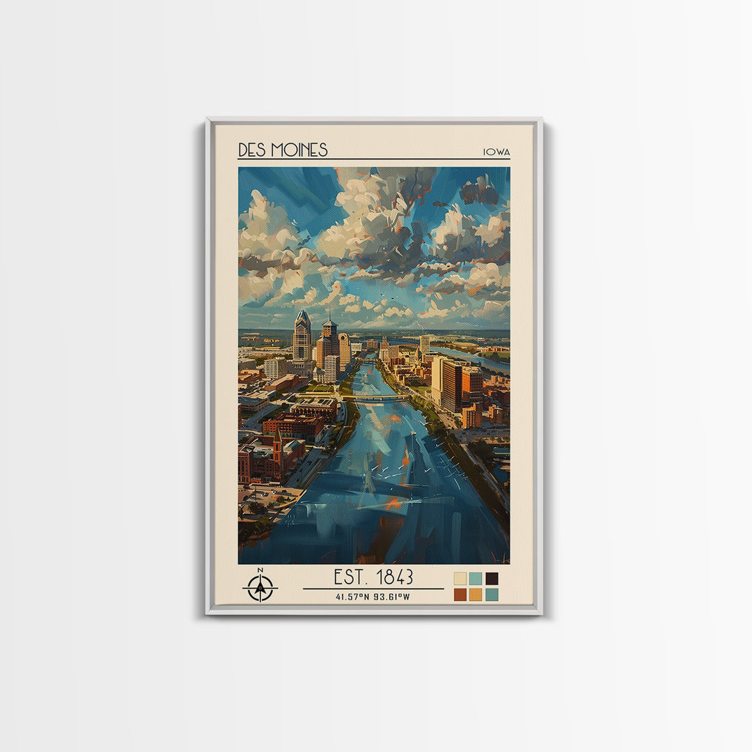 Des Moines Travel Poster, Framed Canvas Print, Retro Wall Art, Travel Print, Travel Art Print, Travel Wall Decor, City Travel Poster