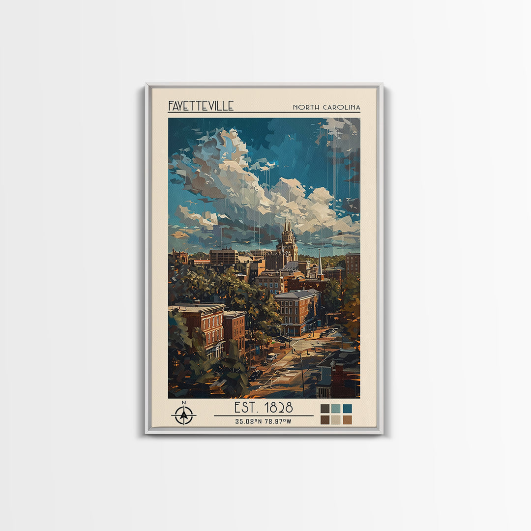 Fayetteville Travel Poster, Framed Canvas Print, Travel Wall Art, City Wall Art, Vintage Posters, Retro Wall Art, Vintage Travel Art