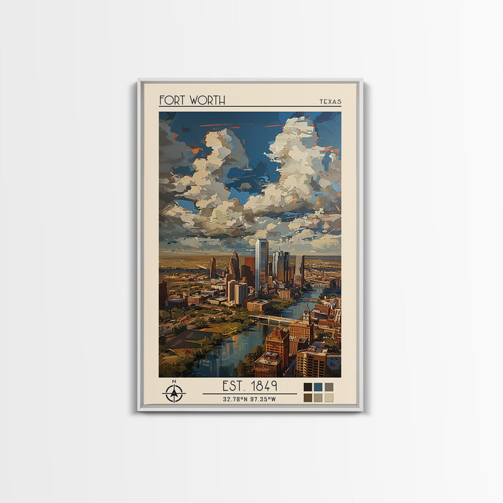 Fort Worth Travel Poster, Framed Canvas Print, Travel Prints, Landscape Art, City Art Print, Vintage Travel Art, Vintage City Poster