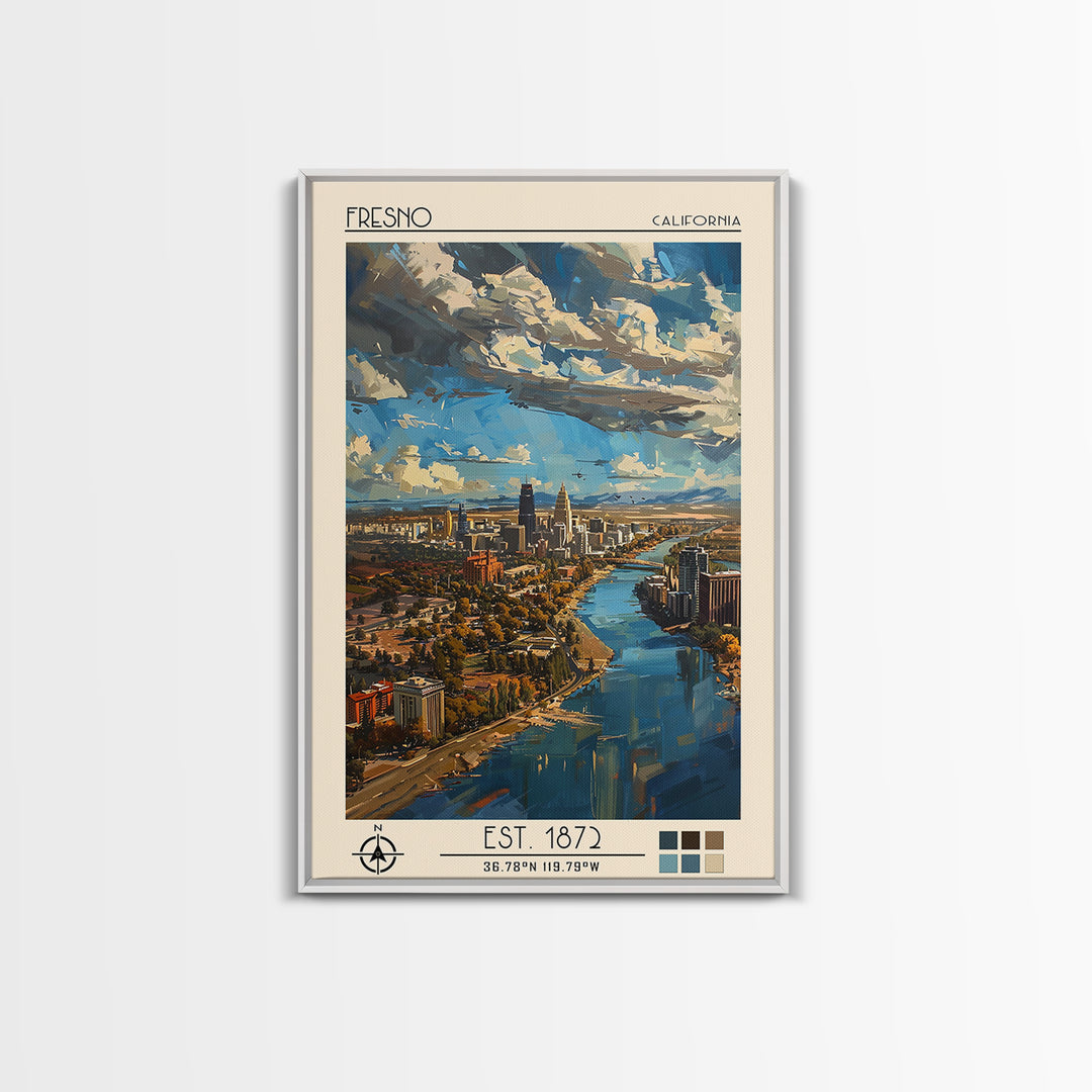 Fresno Travel Poster, Framed Canvas Print, Travel Art Print, Modern Wall Decor, Watercolor Cityscape, Fine Art Print, Retro Wall Art