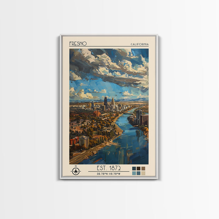 Fresno Travel Poster, Framed Canvas Print, Travel Art Print, Modern Wall Decor, Watercolor Cityscape, Fine Art Print, Retro Wall Art