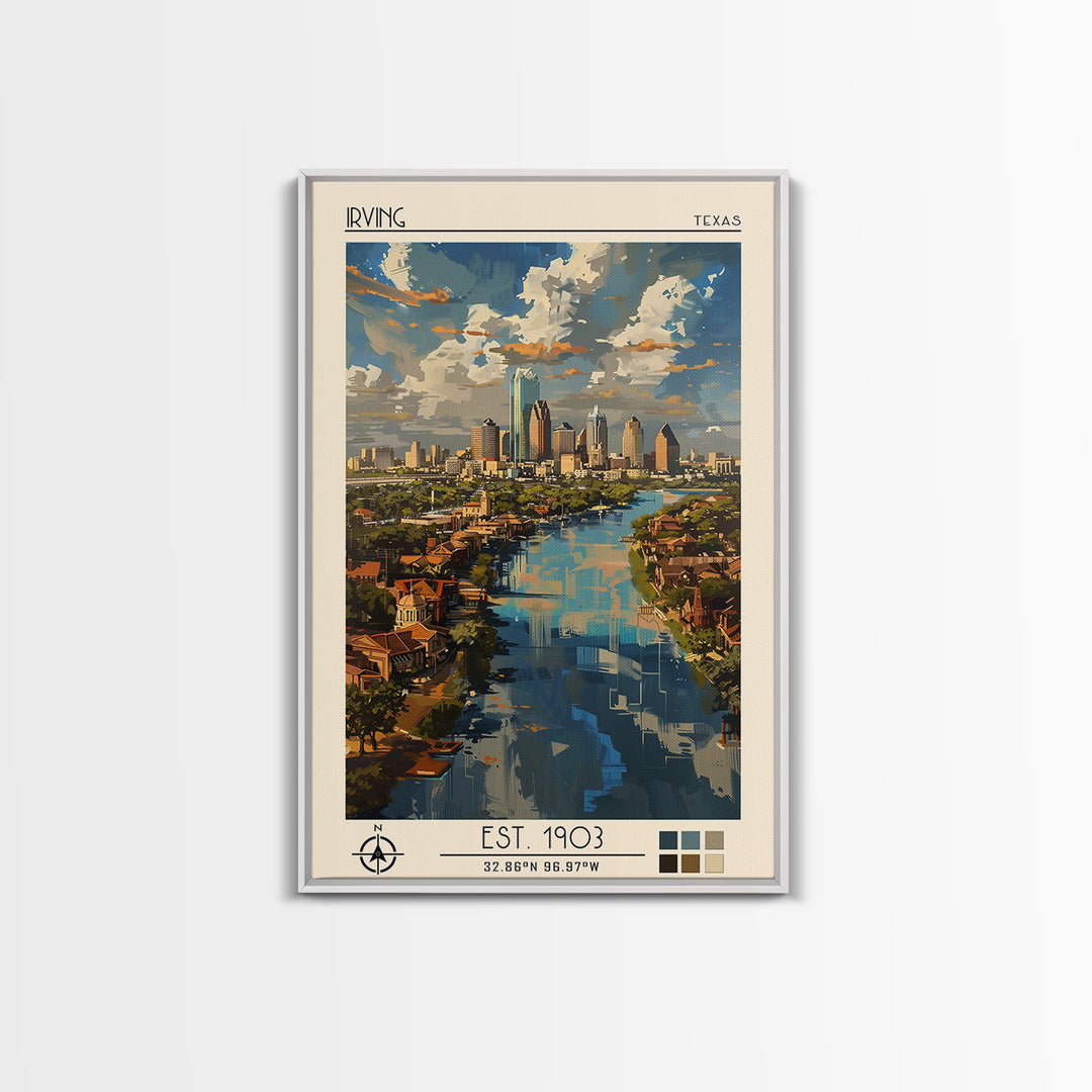 Irving Travel Poster, Framed Canvas Print, Travel Prints, Landscape Art, Retro Travel Poster, Watercolor Cityscape, Travel Art Print