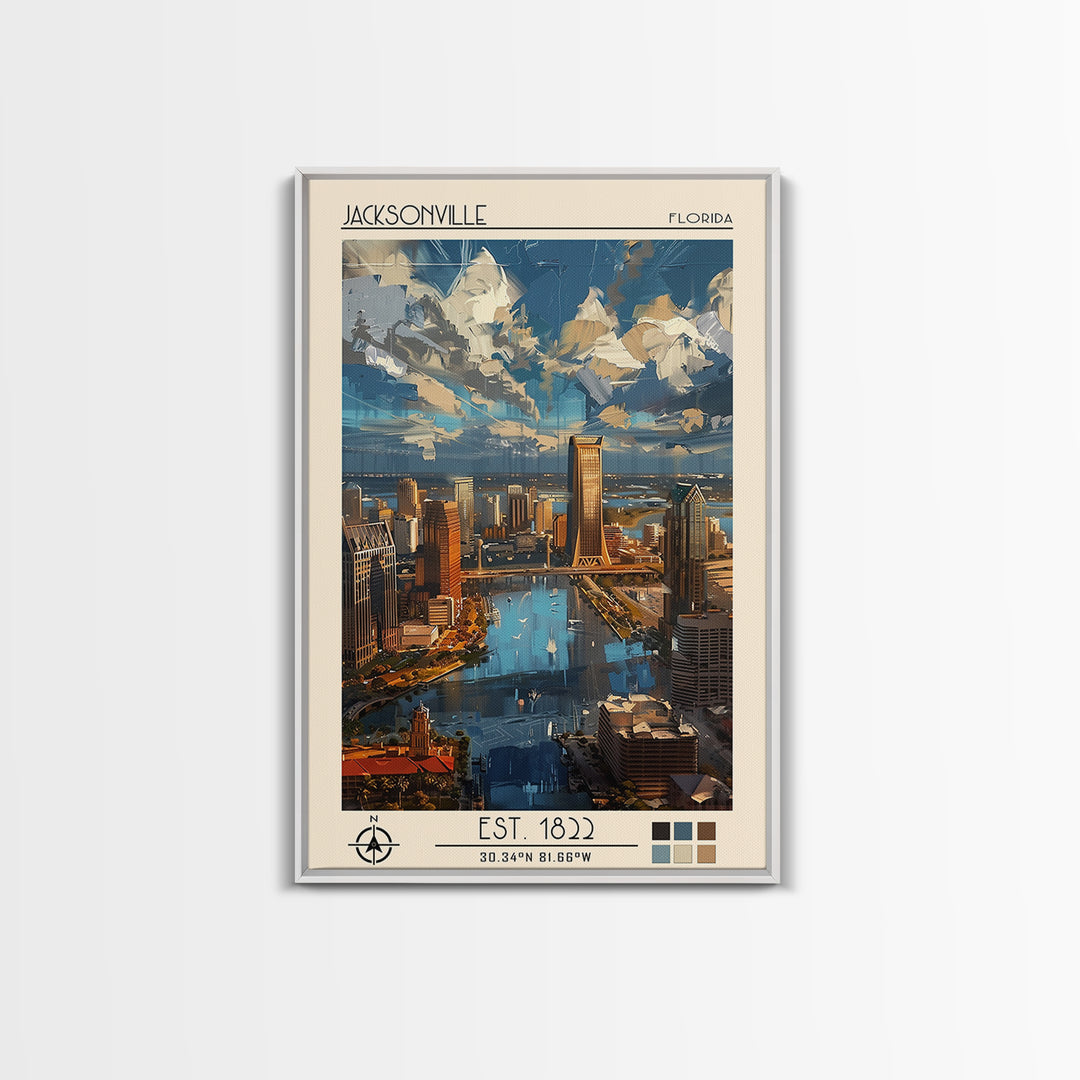 Jacksonville Travel Poster, Framed Canvas Print, Travel Prints, Landscape Art, Vintage Poster, Travel Art Print, Retro Travel Poster