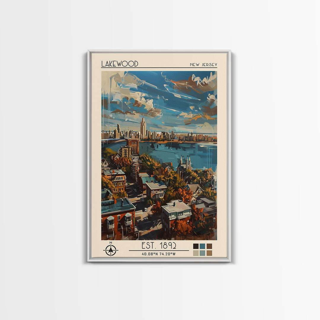 Lakewood New Jersey Travel Poster, Framed Canvas Print, City Travel Poster, Travel Wall Art, Living Room Wall Art, City Illustration